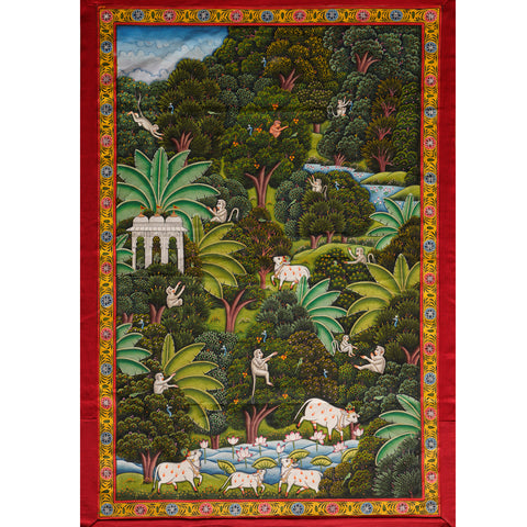 Pichwai Painting - A Forest Scene With Temple